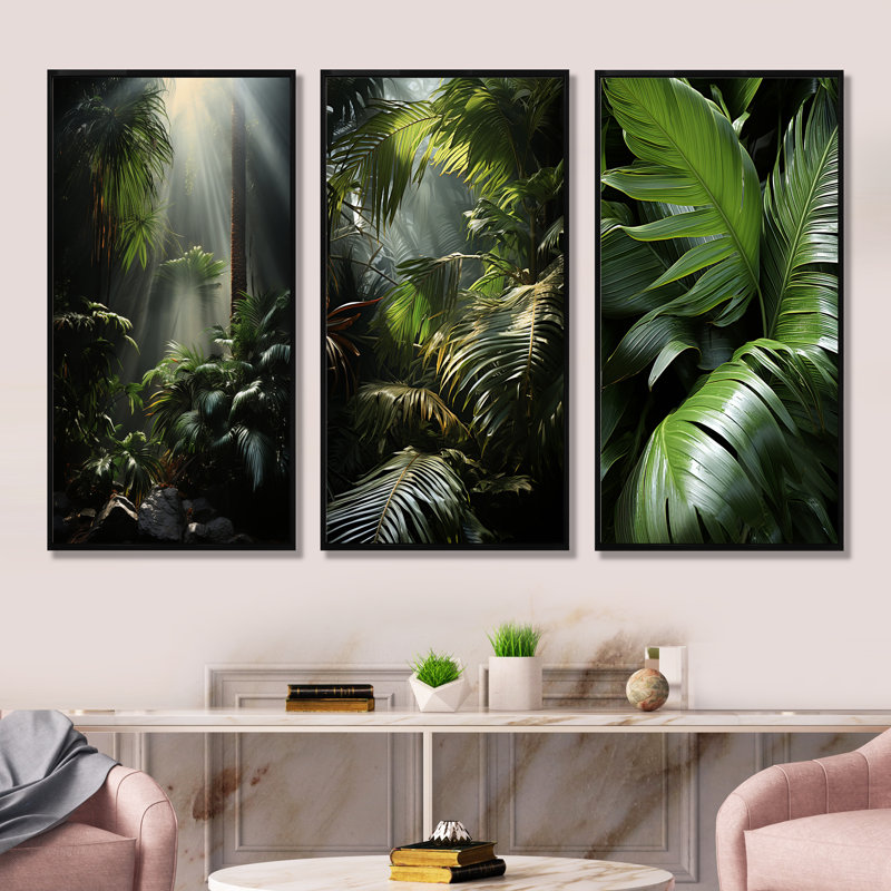 Ensemble de 3 palmiers et palmiers de la côte d'ivoire Jungle, Cadre flottant noir, H 40 po x l 60 po