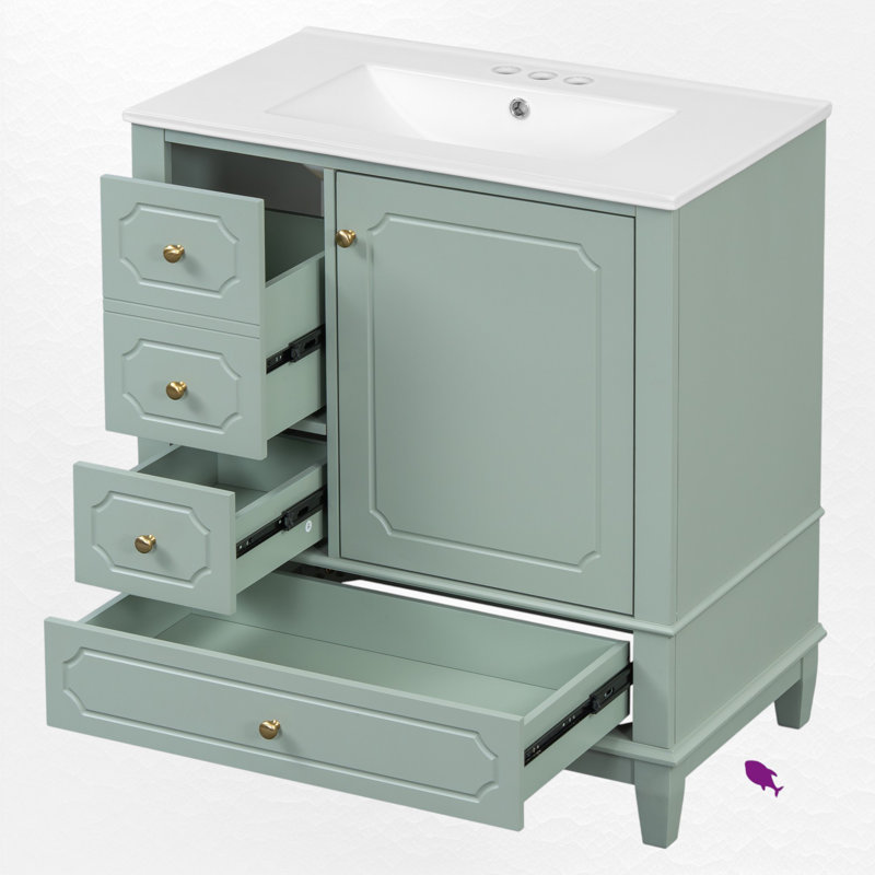 30'' Single Bathroom Vanity Set With Ceramic Top, Light Green / Gold