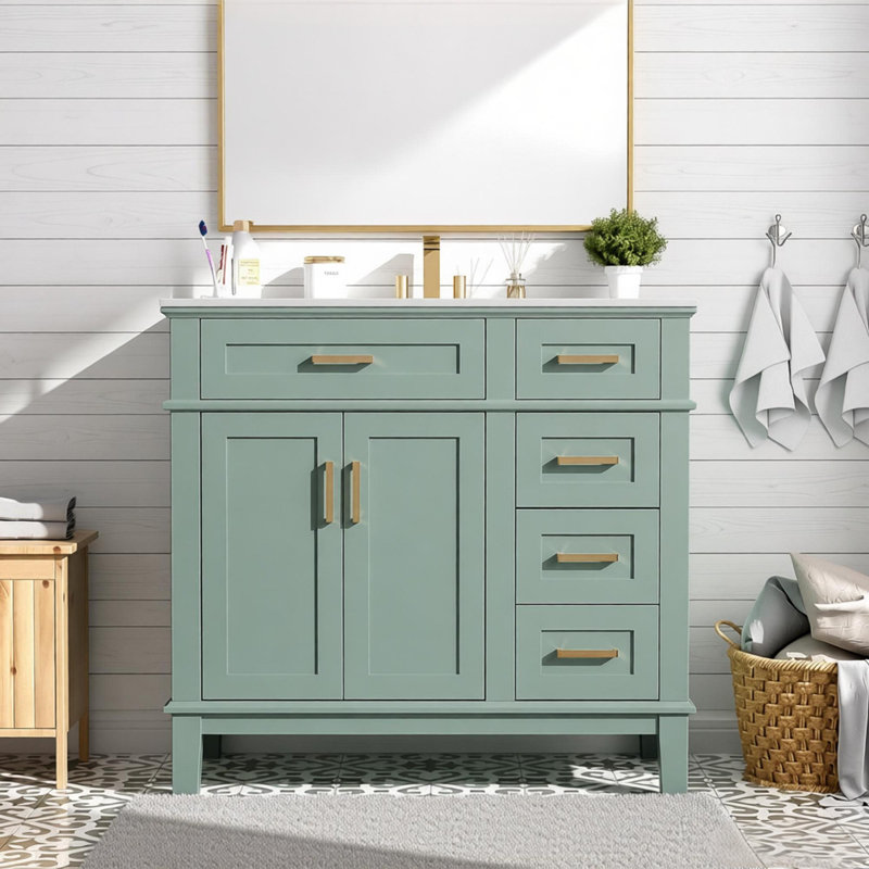 36" Modern Bathroom Vanity with Ceramic Sink,,Soft-Close Door,and 4 Storage Drawers, Green