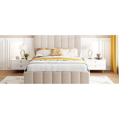 Lit rembourré beige avec rangement hydraulique fiable - attrait élégant