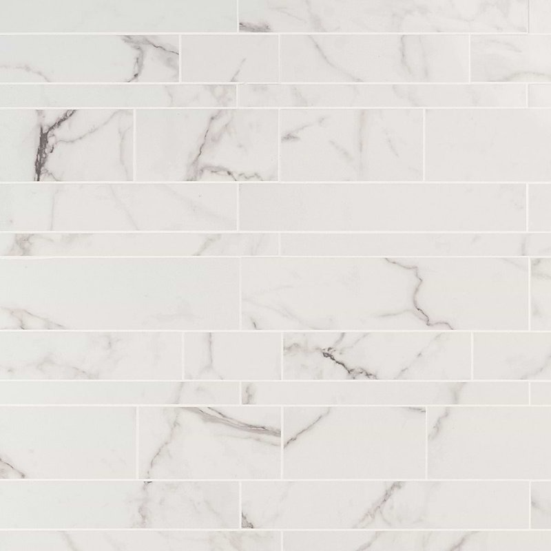 Dreamstone Railroad Porcelain Mosaic, Statuario Venato Polished