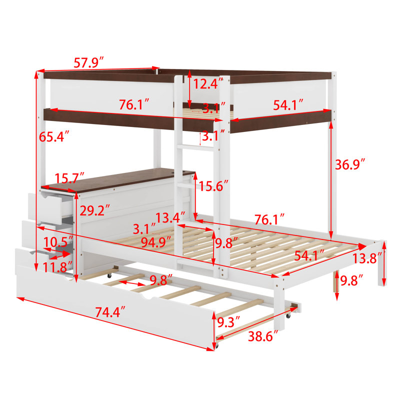 Full-Over-Full Bunk Bed With Twin Size Trundle, Storage And Desk, White/Walnut