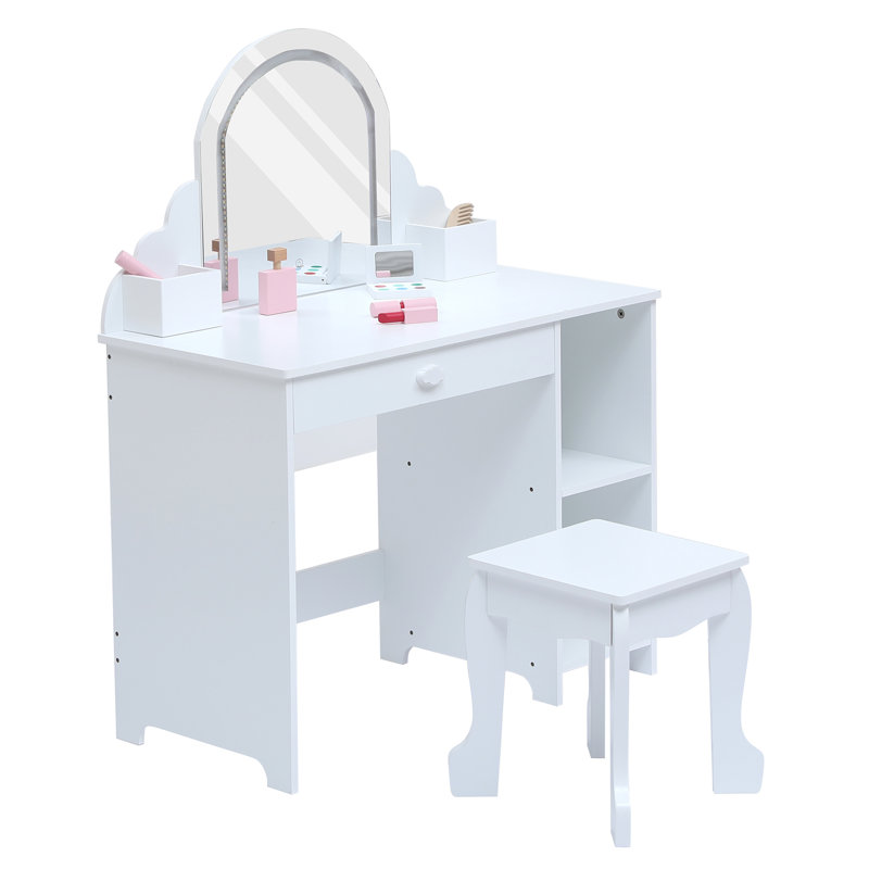 Kids Vanity Table with Mirror and Lights, Wooden Makeup Vanity Desk with Stool, Drawer, Shelves & Cubbies, Princess Dressing Table