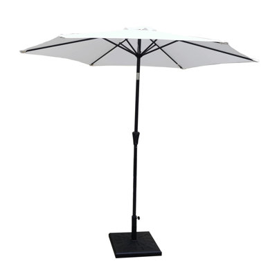 Parasol d'extérieur en aluminium 8,8 pieds, parasol de marché, parasol de marché avec base ronde en résine de 42 livres, inclinaison à bouton-poussoir et manivelle