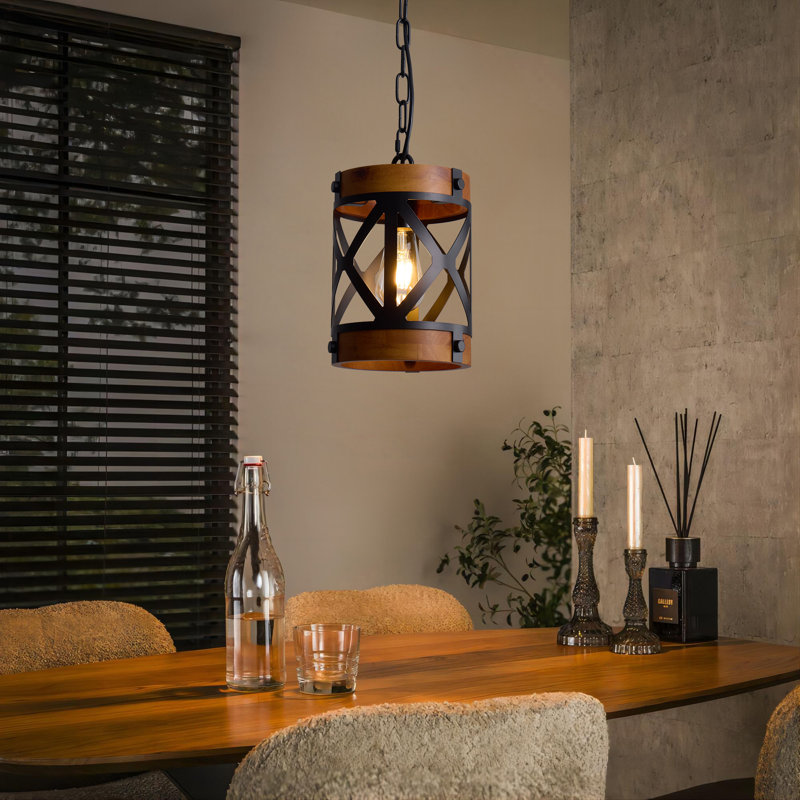 1-Light Farmhouse Solid Wood Single Pendant Light