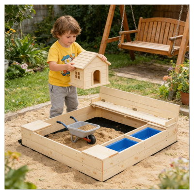Children Wooden Sandbox with Bench Backrest and Natural Wood Finish