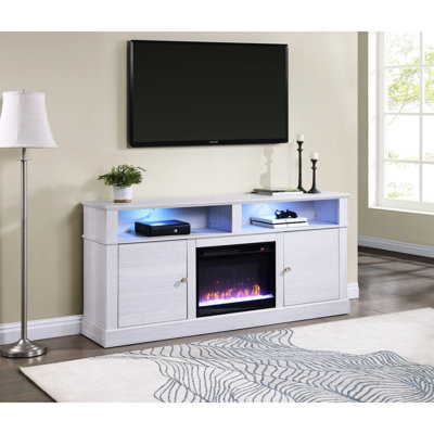 Meuble télé 70 po en noyer blanc avec foyer, ajustement de 60 à 69 pouces, 11 options de température, 7 choix de couleurs de flamme, minuterie, 2 armoires et tablettes ouvertes rétro-éclairées à DEL pour les téléviseurs, niveaux intégrés,