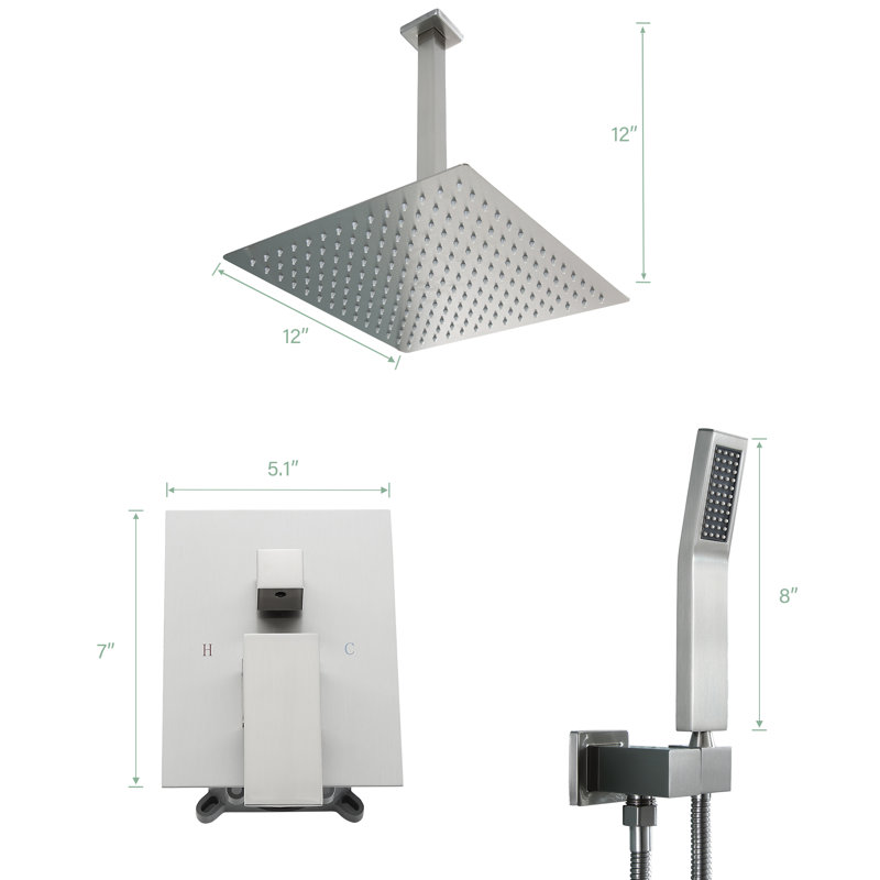 Robinet de douche de plafond et mural avec valve brute, Nickel brossé