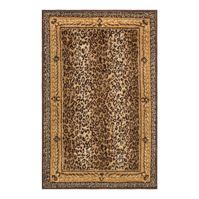 Ivory and Brown Rectangular Stain-Resistant Animal Print Rug