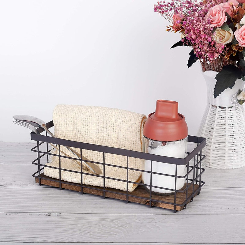 Petit ensemble de 4 paniers de rangement en fil métallique avec base en bois amovible pour la cuisine et la salle de bain