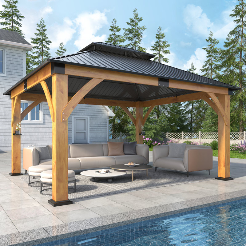 Outdoor Spruce Wood Hardtop Gazebo, Patio Double Roof Galvanized Steel Hardtop Gazebo for Patio, Deck, Backyard, Lawn, and Garden