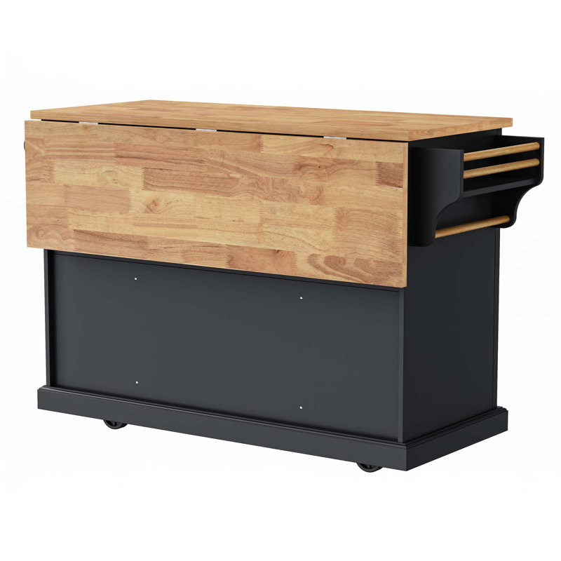 54Inch Large Kitchen Island With Rubber Wood Drop Leaf, Embossed Texture Rolling Kitchen Cart On 4 Wheels With 4 Doors And 3 Drawers, Kitchen Island