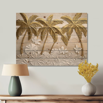 Golden Cream Palms Reunion III - Palms & Palm Trees Wood Wall Decor - On Natural Pine Wood