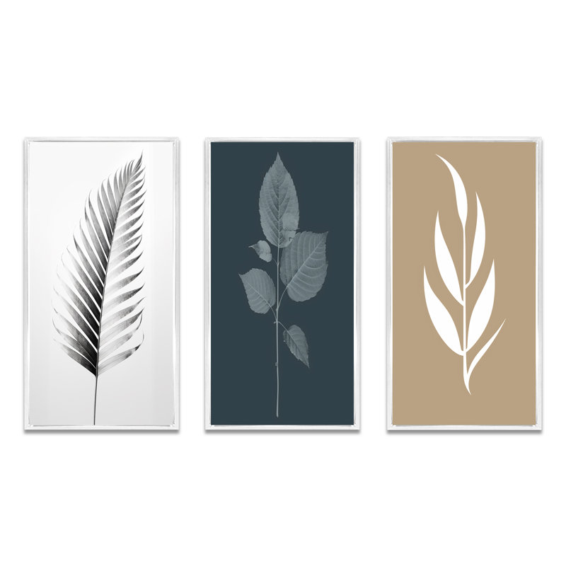 Minimal Botanicals - feuille unique sur beige I - ensemble de 3 impressions, H 20 po x l 36 po, Cadre flottant blanc
