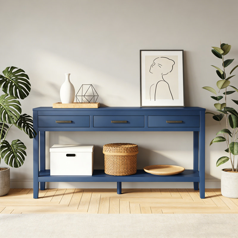 Console 59,1 po avec 3 tiroirs - poignées en fer et tablette inférieure pour la maison et le bureau, Marine
