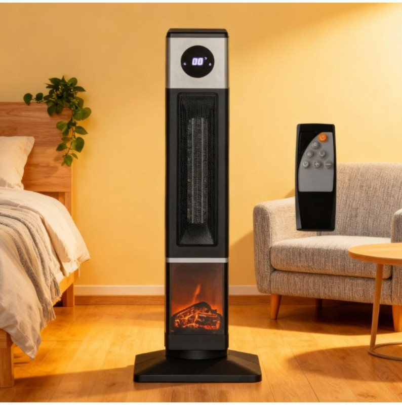 Black Freestanding Electric Heater - 12H Timer, Remote Control & Overheat Protection for Indoor Use