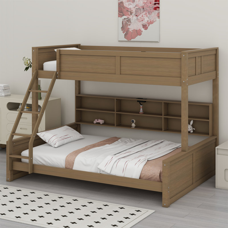 Lit superposé avec armoires de rangement et ports USB, Bois antique, Simple TG sur grand