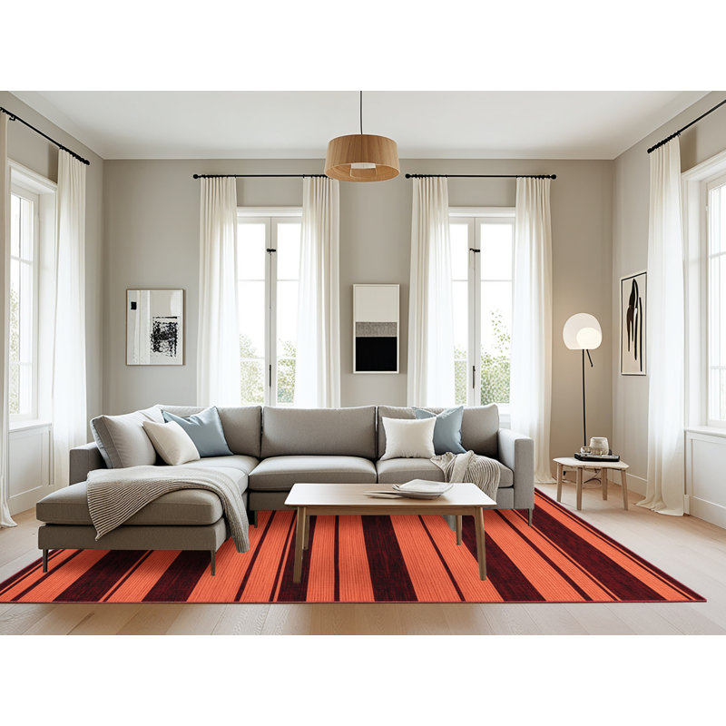 Tapis brun à rayures horizontales lavable à la machine, Rectangle 8 pi x 12 pi
