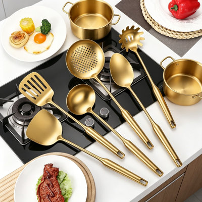Professional 6-Piece Stainless Steel Kitchen Utensil Set with Spatula, Ladle, Skimmer, Spaghetti Spoon, and Serving Spoon, Dishwasher Safe