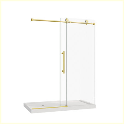 Porte de douche sans cadre en or brossé, l 55 à 60 po x H 78 po, 1 panneau fixe et 1 panneau coulissant, verre trempé de 1/4 po avec film antidéflagrant et revêtement nano, quincaillerie en acier inoxydable