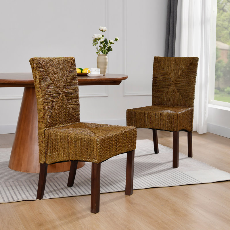21" Wide Rustic Farmhouse Style Solid Wood Woven Back Ratten Dining Chair Set
