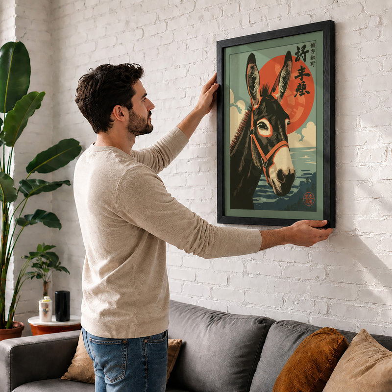 Donkey With Rising Sun Japandi - Print, A1 - 84.1 x 59.4 cm, White