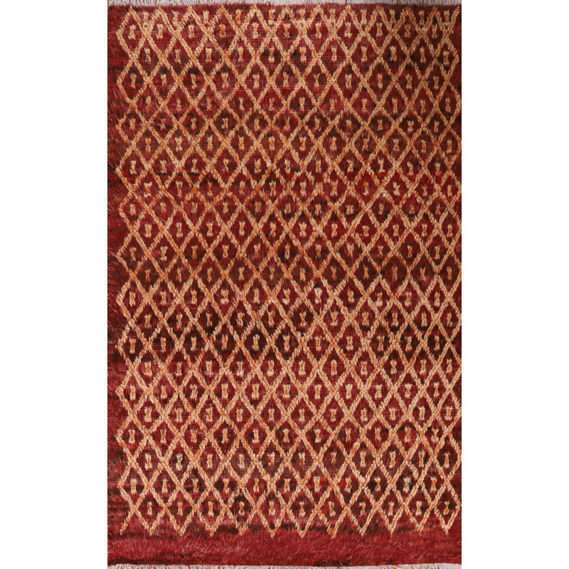 Tapis rouge en laine noué à la main de conception unique 6 pi 11 po x 9 pi 5 po New Age