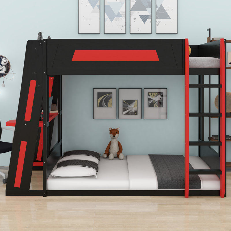 Wooden Gaming Bunk Bed With Desk,Two Storage Shelves,USB And LED Light, Black/Red
