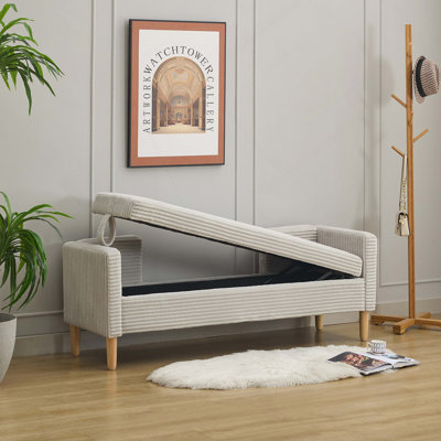 Banc de rangement à dossier rabattable en velours côtelé de 64,7 po de largeur, repose-pieds de fenêtre décoratif avec accoudoirs et dossier et 2 traverses en bois d'hévéa pour le salon, le couloir et la chambre du vestibule