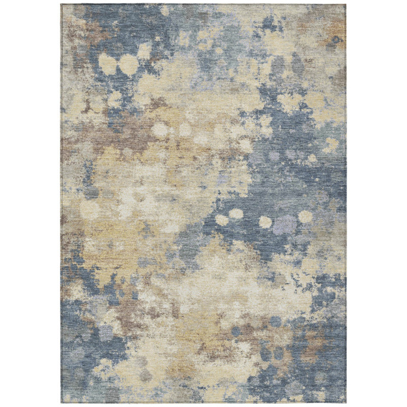 3' X 5' Gold And Beige Abstract Washable Indoor Outdoor Area Rug