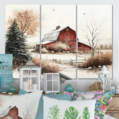 Calm Red Barn In Winter I - ensemble d'art mural sur toile Farmhouse