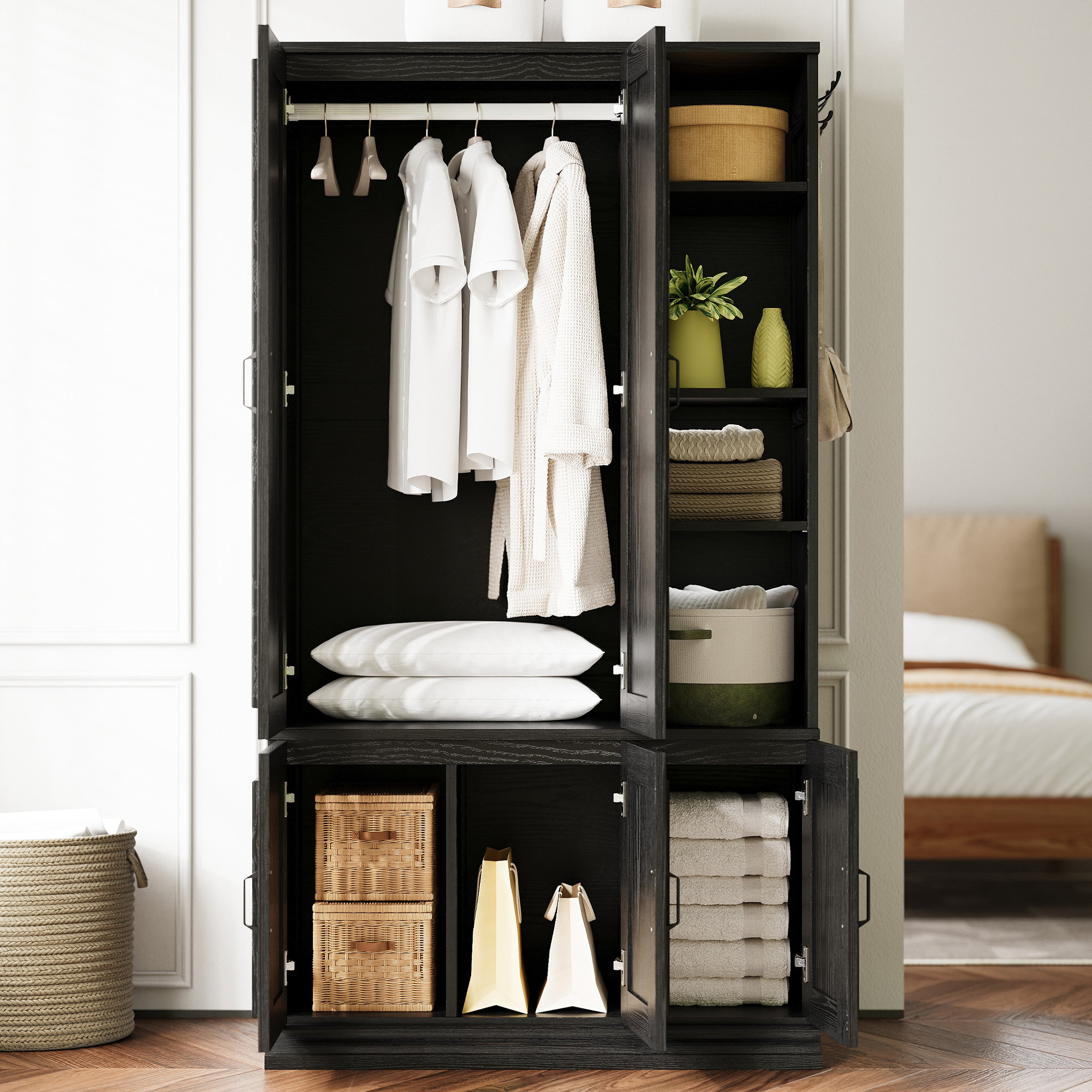 5-Door Wooden Wardrobe With Hanging Poles & 4 Open Storage Shelves, 70” Armoire For Hanging Clothes