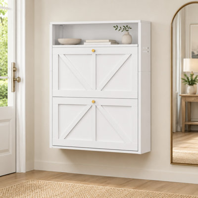 Slim Metal Shoe Cabinet with 2 Flip Drawers and Open Storage Shelf
