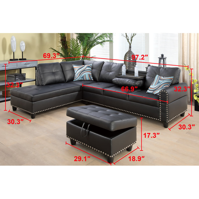 Plyler 97.2" Wide Modular Sectional with Ottoman, Black Faux Leather, Left Hand Facing