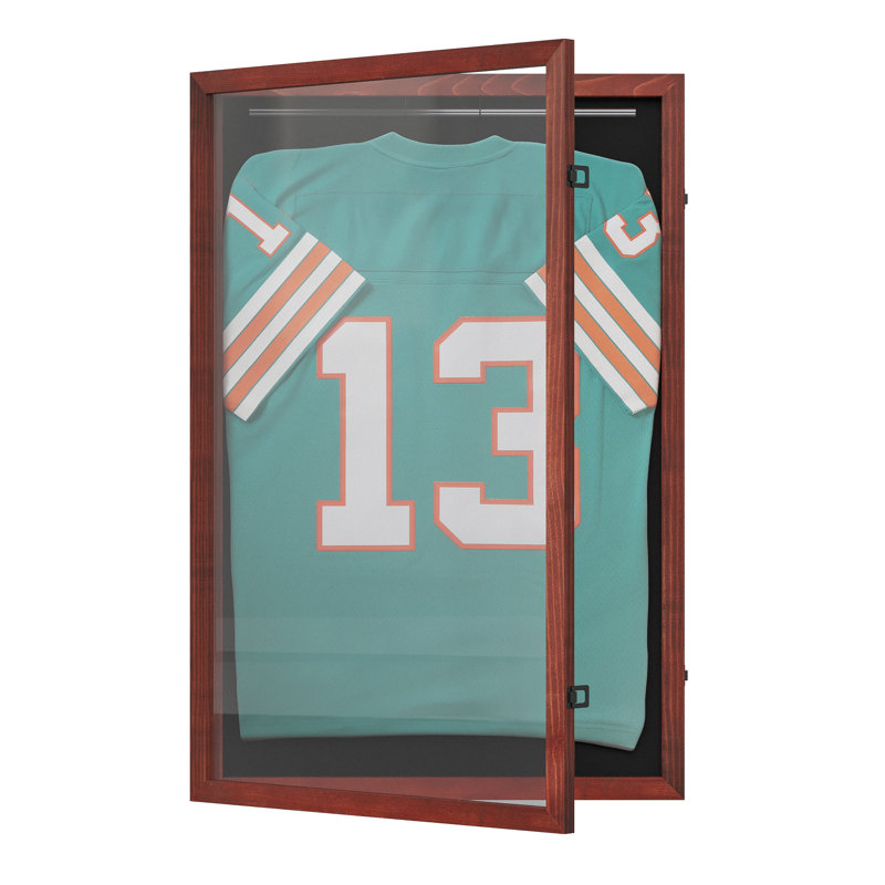 Mallick 36'' H x 24.5'' W Wooden Jersey Display Case with Foam Board and Keyed Lock, Red Wood