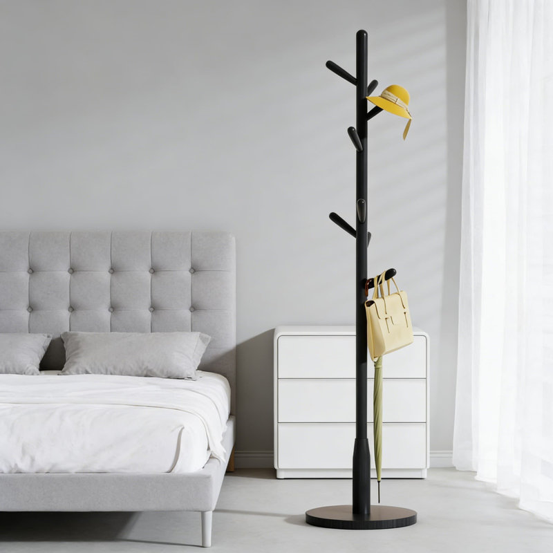 Solid Wood Coat Rack With 8 Hooks And Round Base, Free Standing Hall Tree For Coats, Hats, Bags, Entryway And Hallway Organization