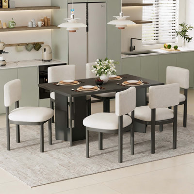 Farmhouse Wood Dining Table Set for 6 with 6 Upholstered Chairs, 60" Rectangular Dining Table with Cutout Table Legs for Dining Room, Kitchen and Livi