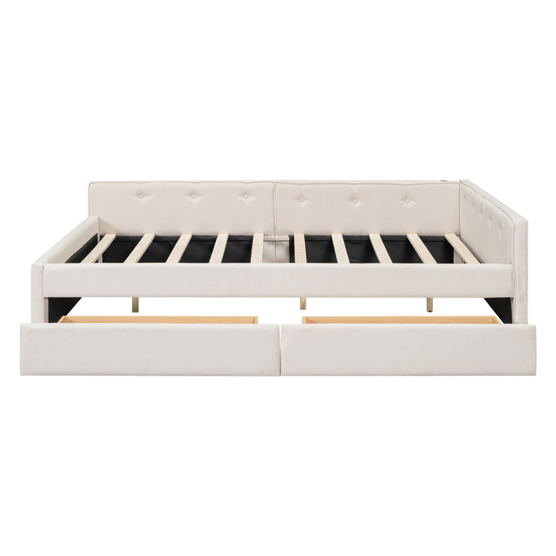 Lit plateforme tapissier confortable avec charge USB et deux tiroirs de rangement pour une chambre fonctionnelle et relaxante