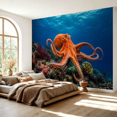 Wall Mural Peel and Stick Wallpaper Big orange octopus blue water coral Self-Adhesive Removable Contact Paper Wall Decor for Living Room Bedroom 69"H x 96"W