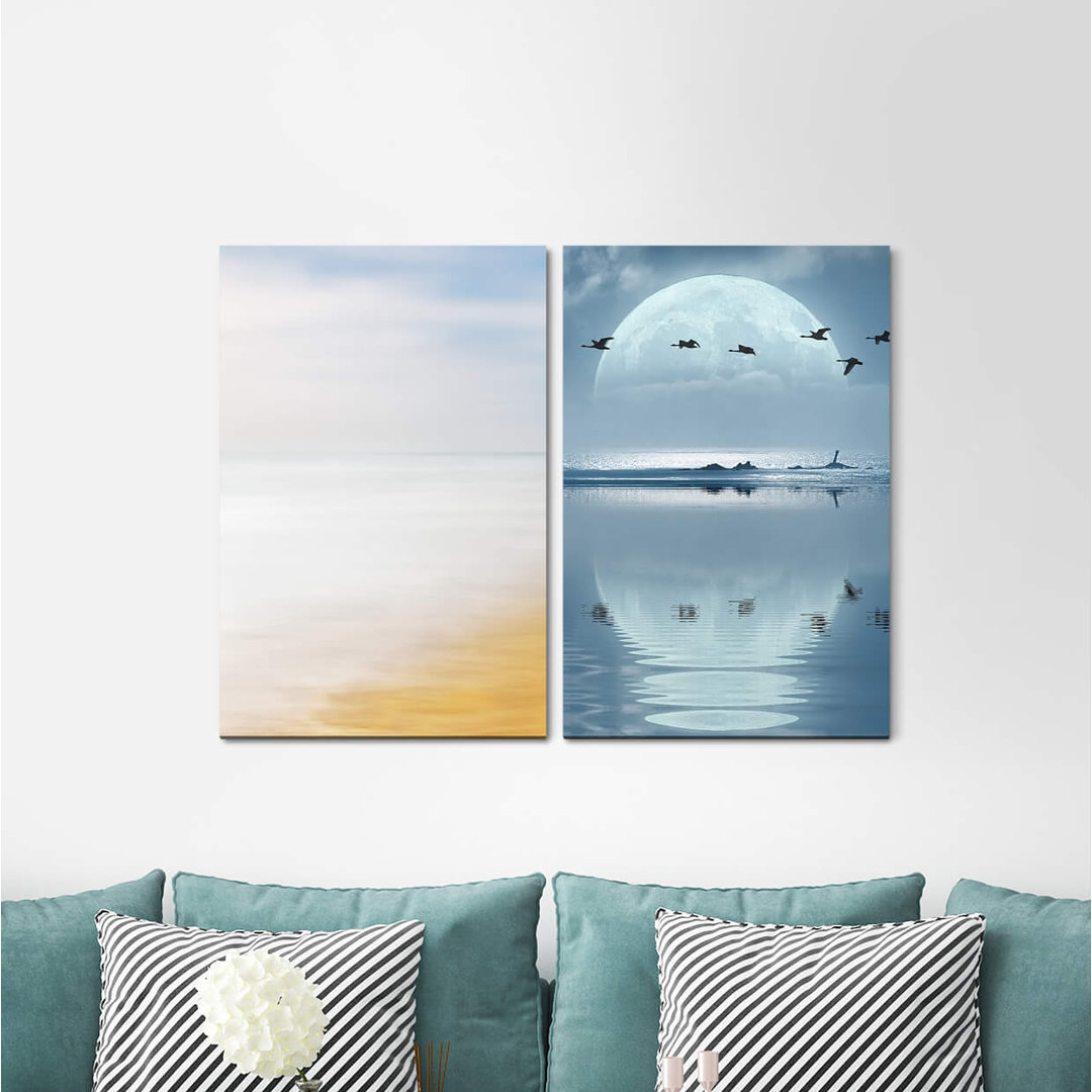 2-tlg. Leinwandbilder-Set - Grafikdruck „Moon Birds Full Moon Ducks Sea Lake Mystic”