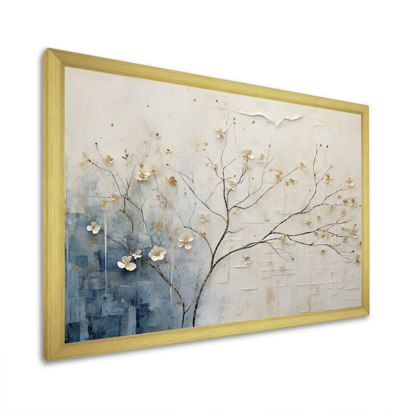 Minimalisme beige et bleu campagne - campagne encadrée, art mural, H 30 po x l 40 po x P 1,5 po, Cadre doré simple