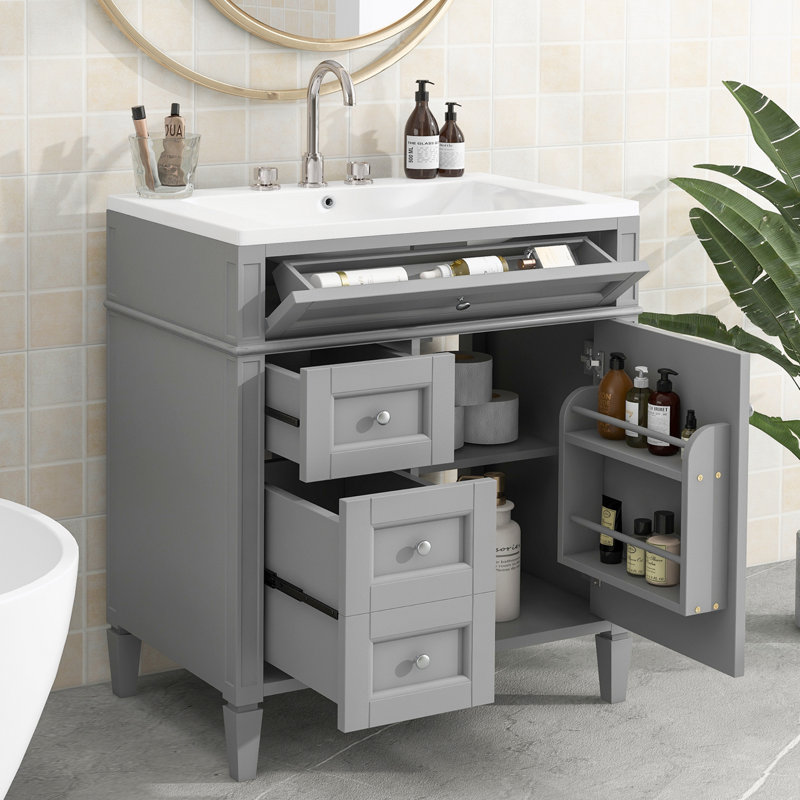 Duygu 30'' Single Bathroom Vanity with Ceramic Top, Gray, 4" Centerset