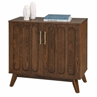 Mid-Century Modern Fluted Sideboard Buffet Cabinet with Adjustable Shelves, Solid Wood Legs & Rear Cable Outlet, Walnut Storage Cabinet for Living Room, Dining Room, Kitchen, Entryway & Hallway