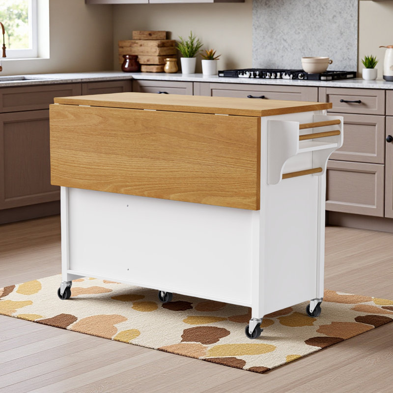53.5" Farmhouse Kitchen Island with Power Outlet - Drop Leaf, Spice Rack, Locking Wheels & 400 lb Capacity, Rustic Storage Cart for Kitchen & Dining Room