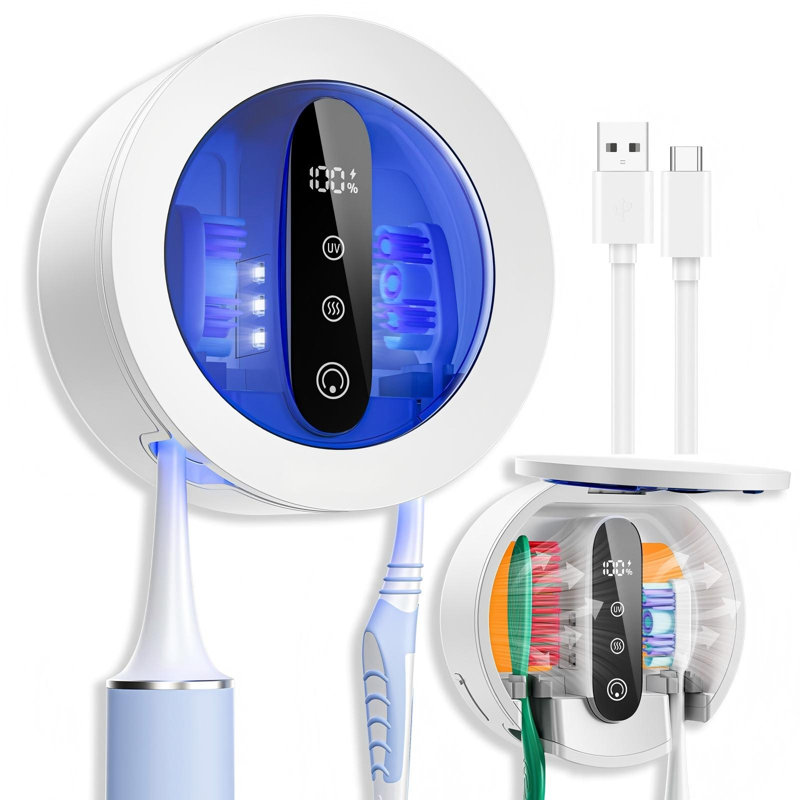 Brosse à dents à fixation murale UV 3,74 po x 3,74 po x 1,97 po avec porte-écran intelligent à DEL, fonction de séchage pour brosses électriques et manuelles, (blanc)