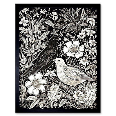 Annuziata Birds On Flower Bed Garden Black And White Linocut - Single Picture Frame Print