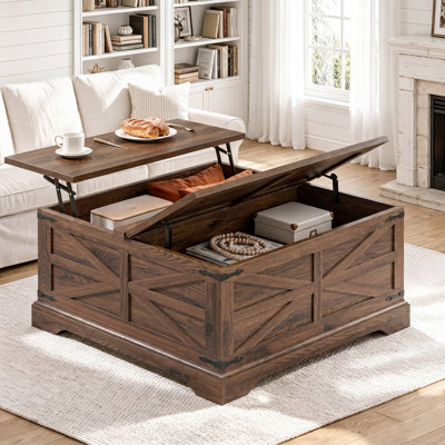 Remzo 31.5"W Square Farmhouse Coffee Table With Hinged Lift Top,Wood Center Table with Hidden Storage