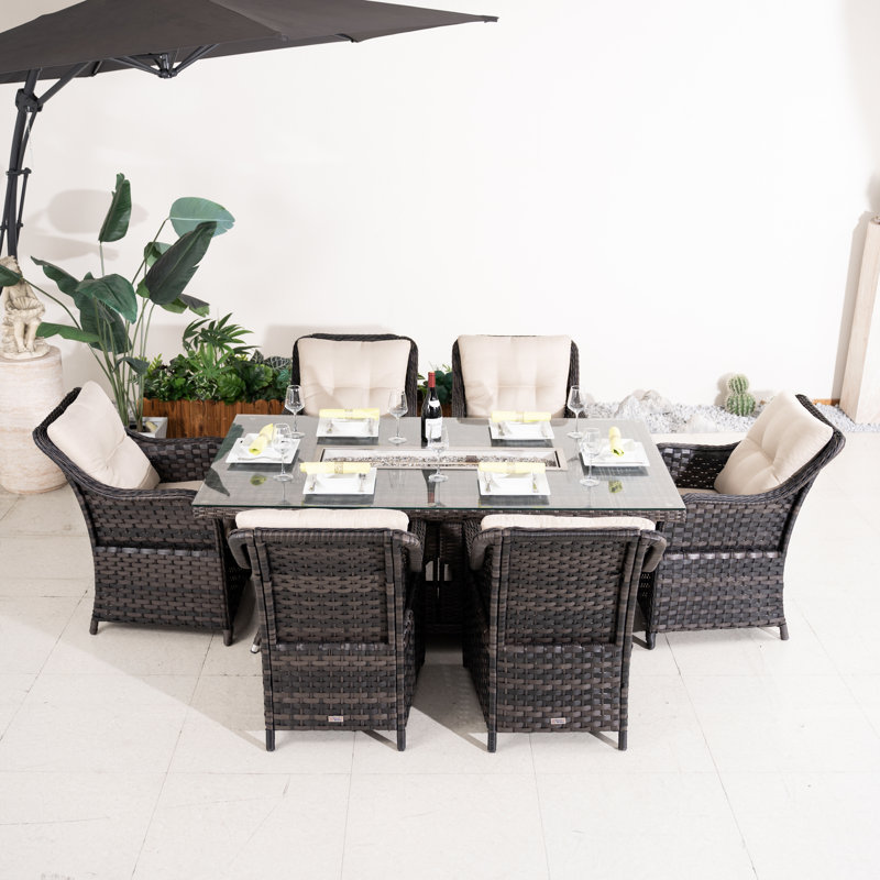 Ensemble repas pour 6 personnes en osier avec table rectangulaire, coussins inclus