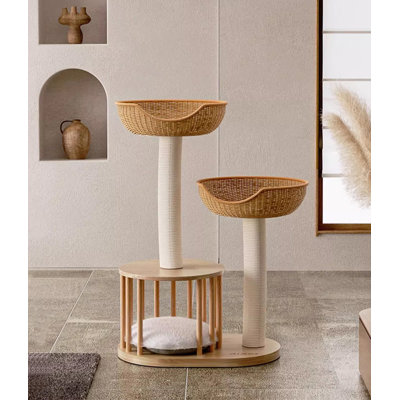 Minimalist Solid Wood, Rattan & Hemp Rope Cat Tree for Home Use