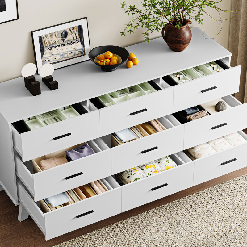 Commode 9 tiroirs large moderne avec base robuste en forme de X, Blanc